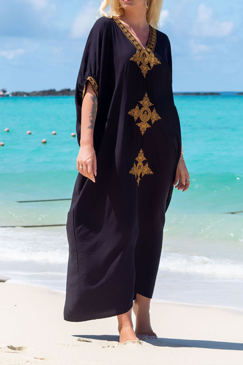 Beach Vacation Gold Embroidered Cover Up Dress