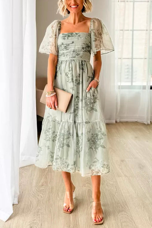 Square Neck Short Sleeve Ruched Floral Midi Dress - Fashionpara