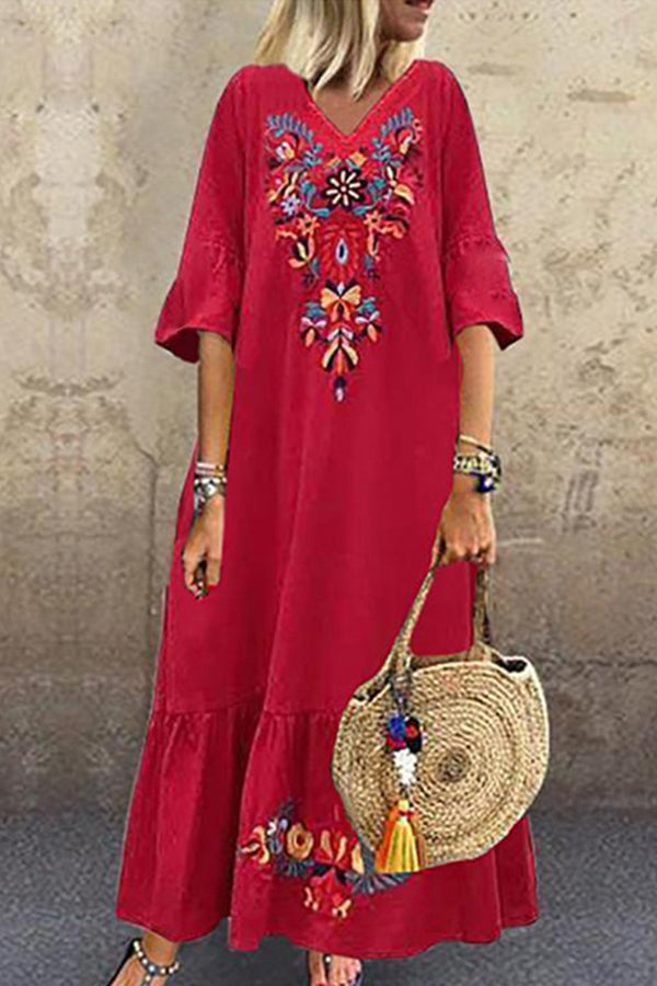 V-neck Embroidered Swing Dress