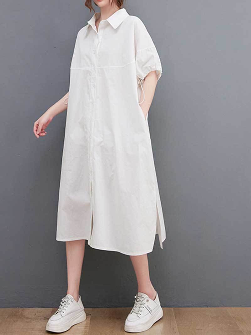 Plan Collar-Neck Cotton Shirt Dress - Fashionpara