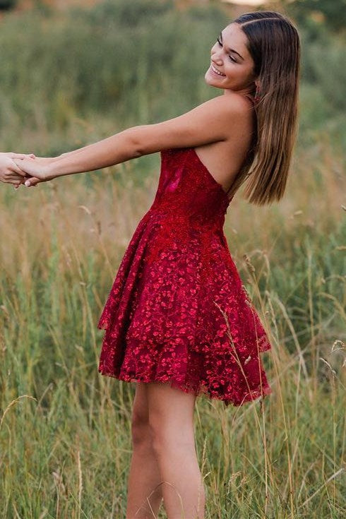 A-Line Spaghetti Strap Short Homecoming Dress with Appliqued Accents