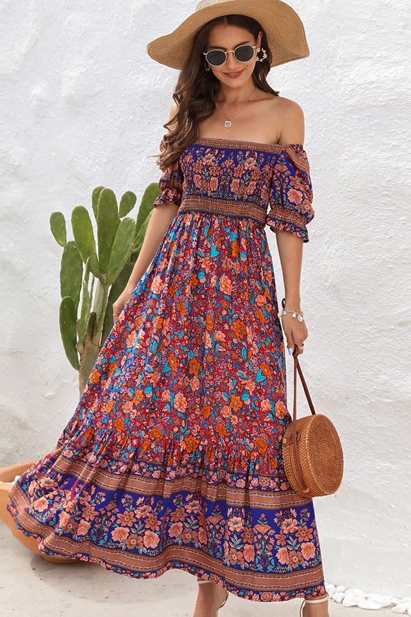 Bohemia Printed Smocked Short Sleeve Maxi Dress