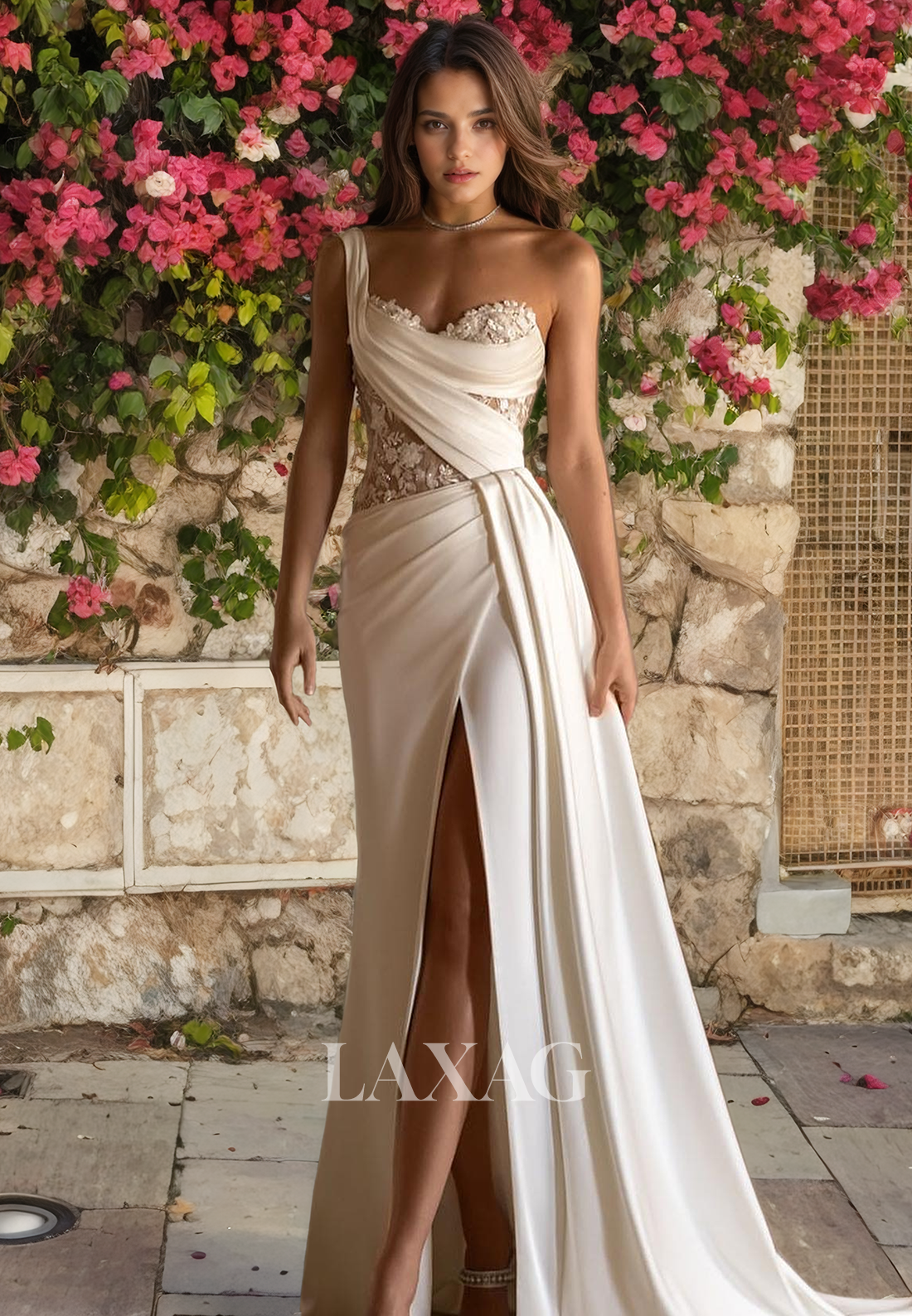 A-Line One Shoulder Appliques Sleek Satin High Slit Elegant Wedding Dress with Train - Fashionpara