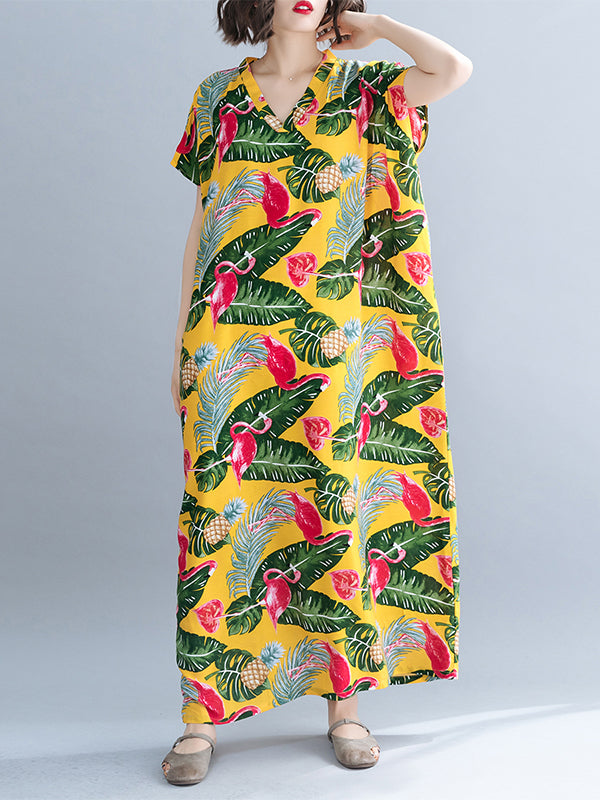 Palm Leaves & Flamingo Plus Size Kaftan Dress - Fashionpara