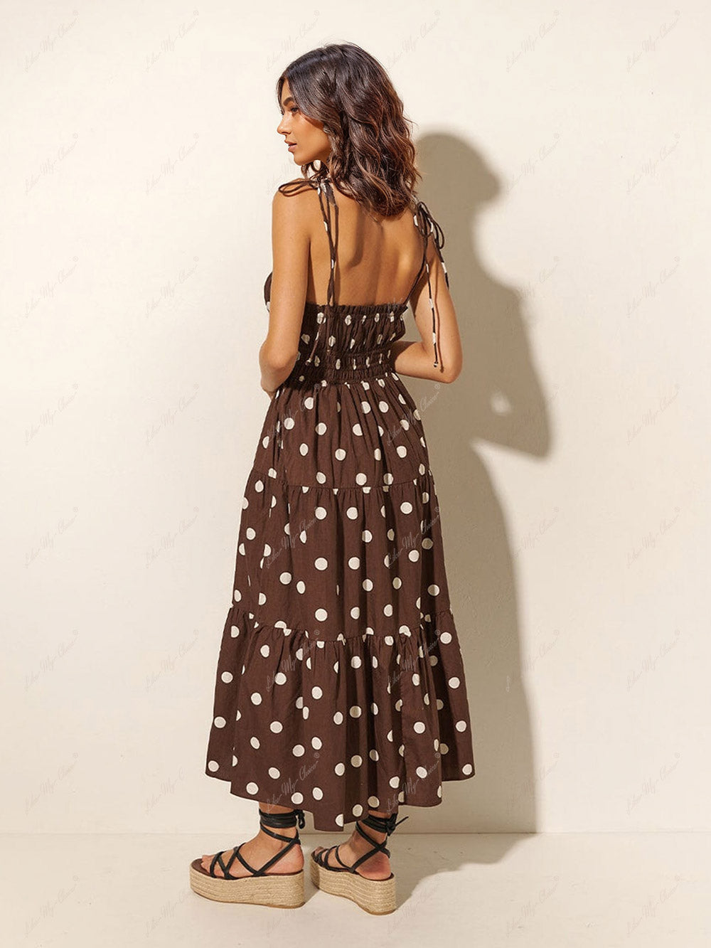 Chocolate And Ivory Polka Dot Print Pleated Elastic Strap Dress - Fashionpara