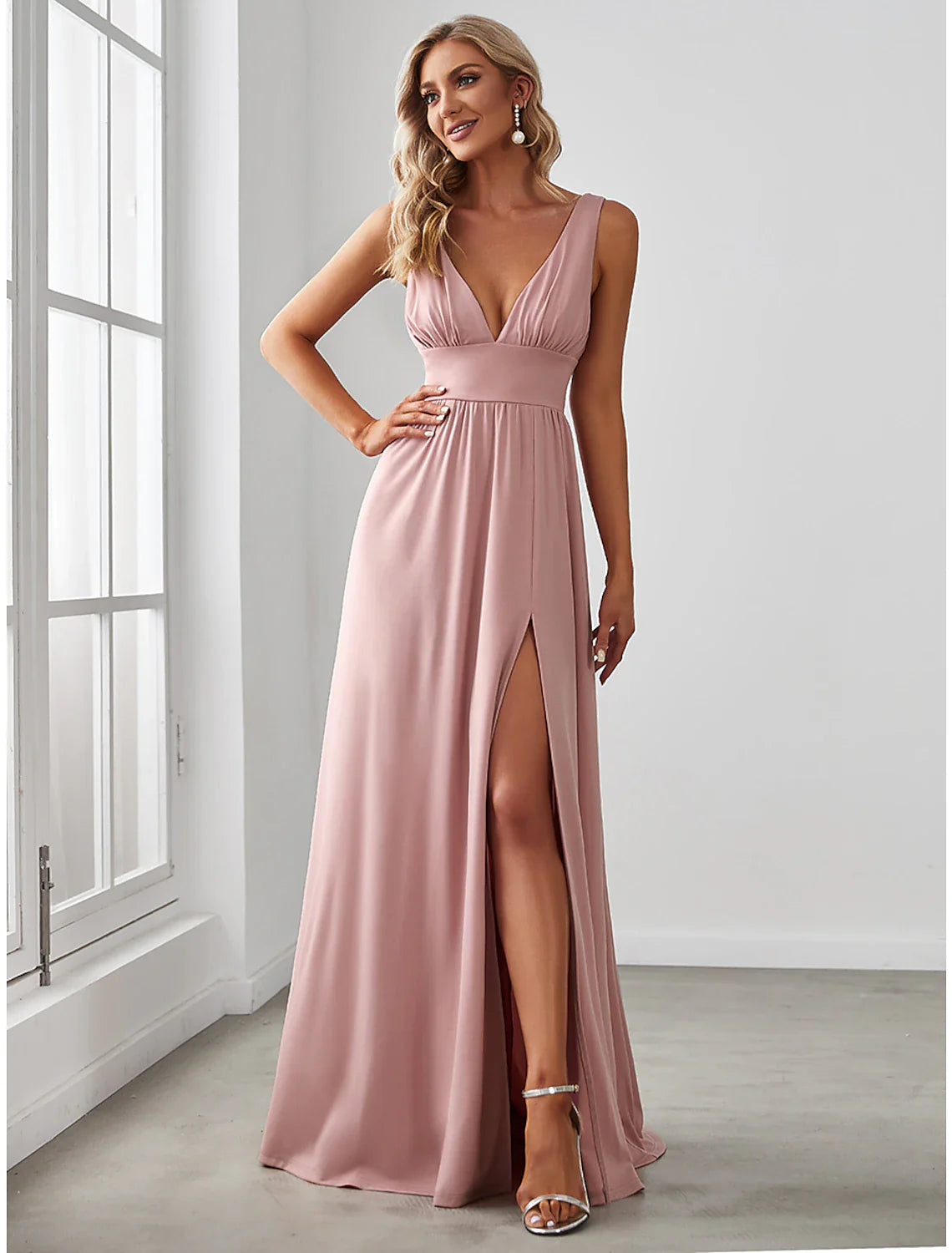 A-Line Prom Dresses High Split Dress Wedding Guest Floor Length Sleeveless V Neck Chiffon V Back with Slit Pure Color