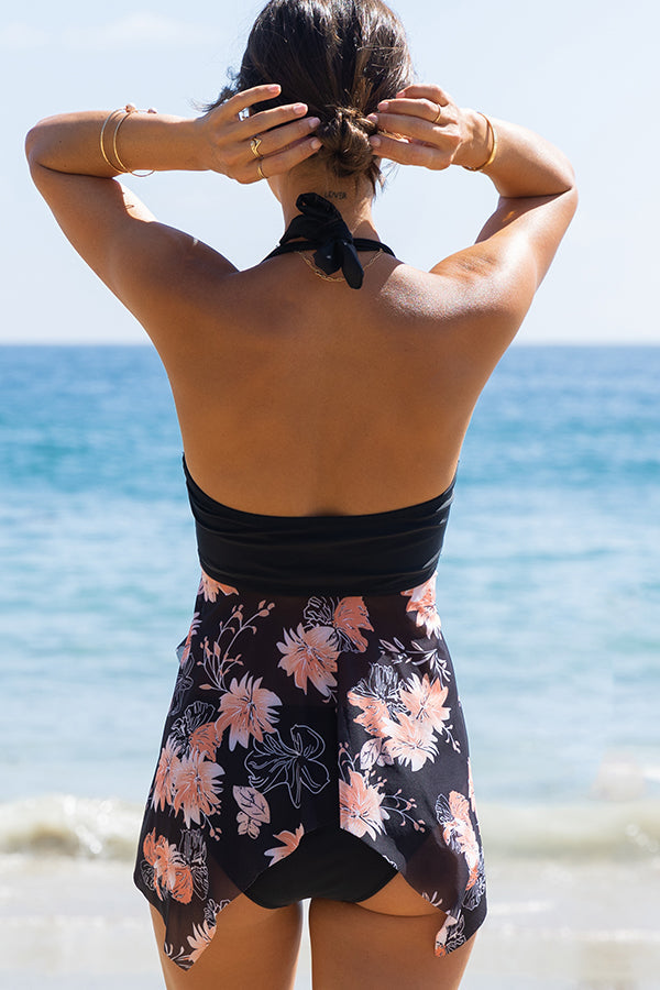 Mesh Printed Halter Neck Cute Tankini Set