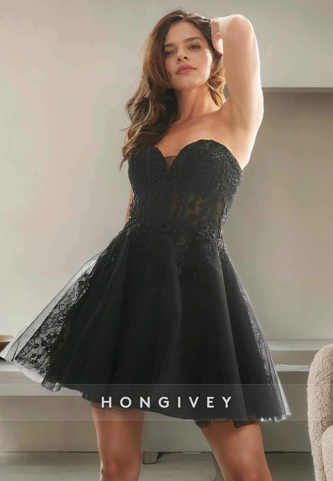 Black A-Line Strapless Sweetheart Lace Applique Short Homecoming Dress