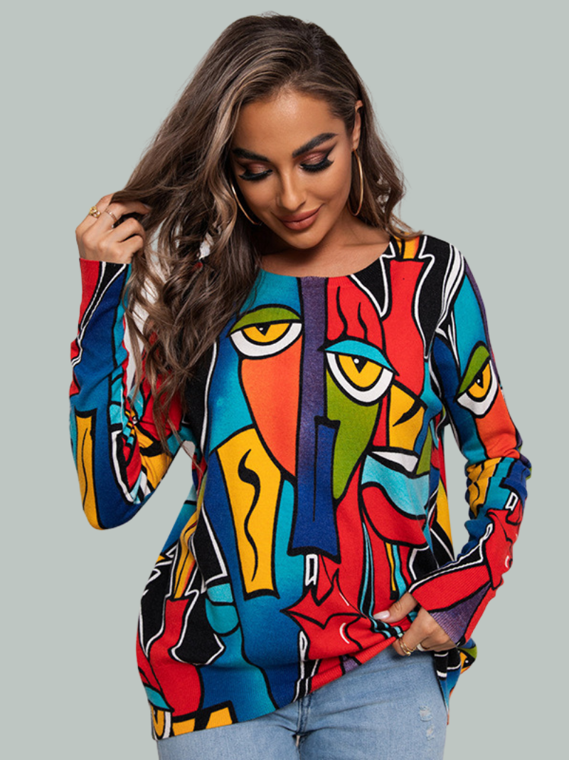 Cross-Border Pullover Long-Sleeved Round Neck Printed Top