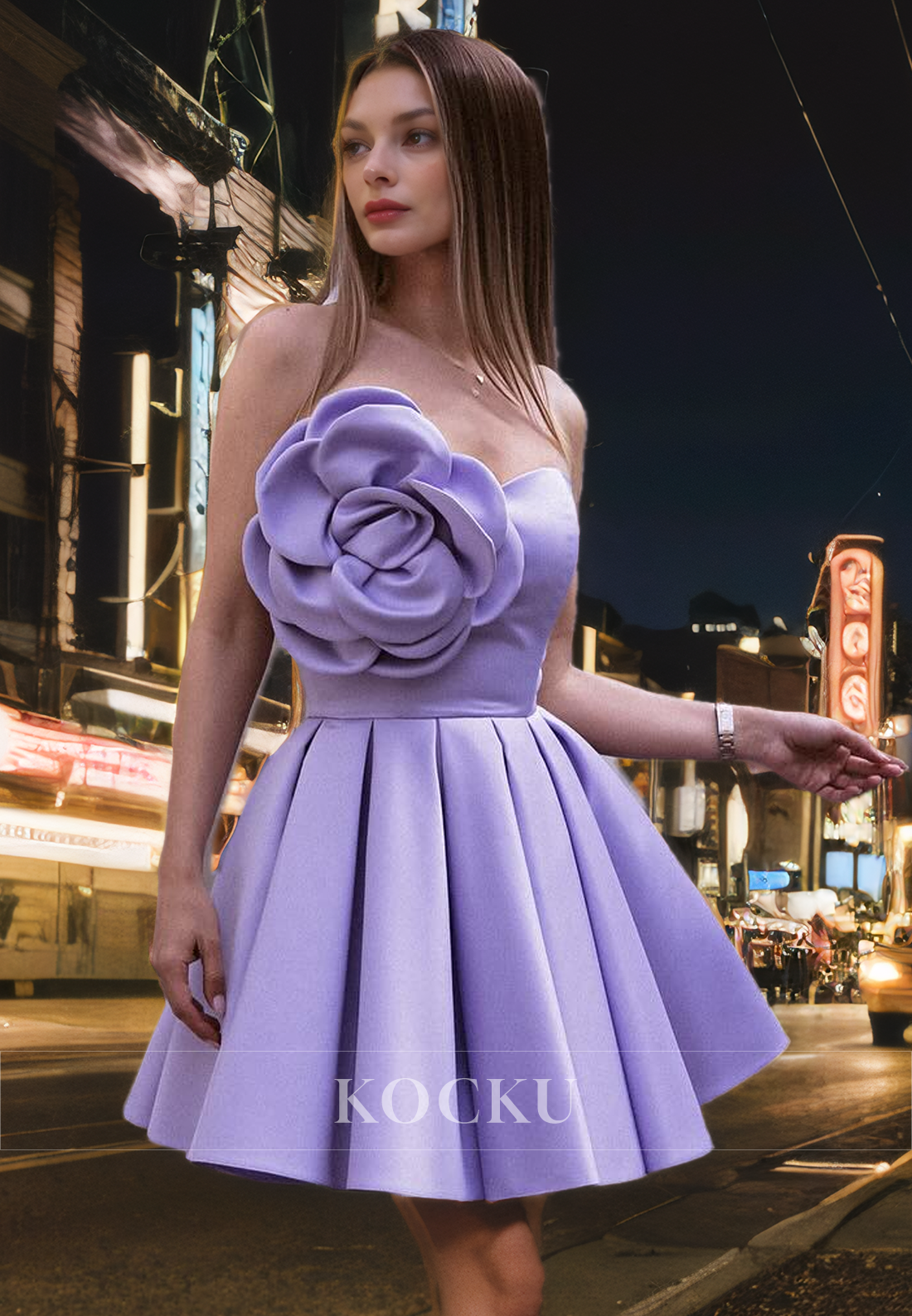 Classic & Timeless Sleeveless A-Line Flower Satin Party Homecoming Dress