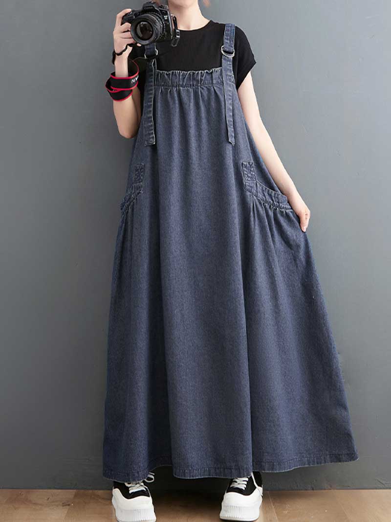 Plain Denim Salopette Overall A-Line Dress - Fashionpara