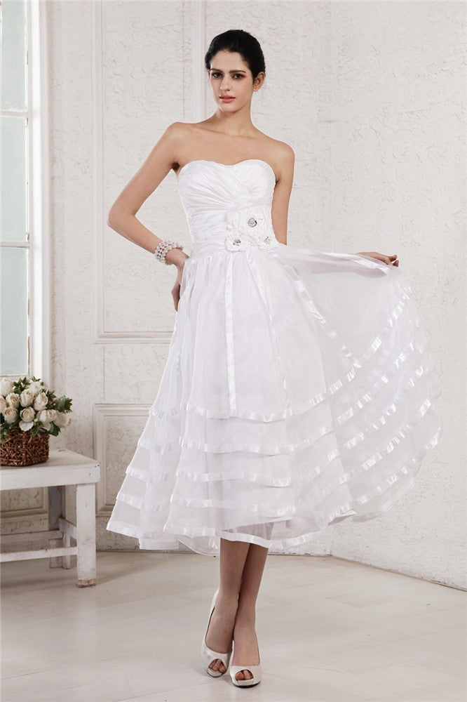 A-Line Taffeta Strapless Sleeveless Tea-Length With Hand-Made Flower Wedding Dresses