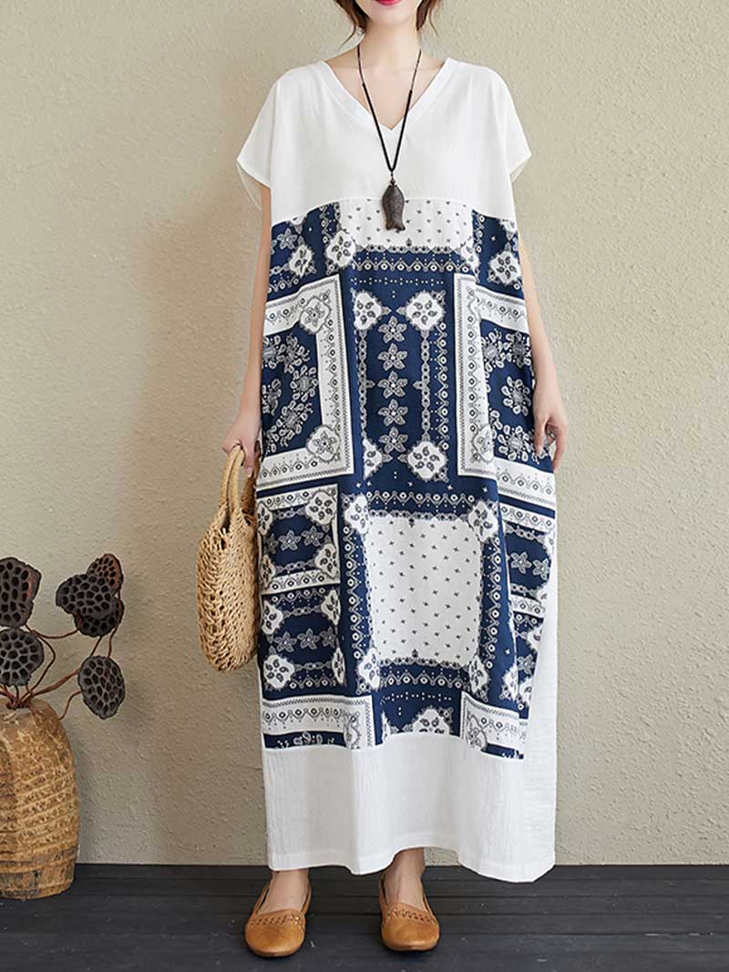 Printed White Short Sleeves Kaftan Dress - Fashionpara