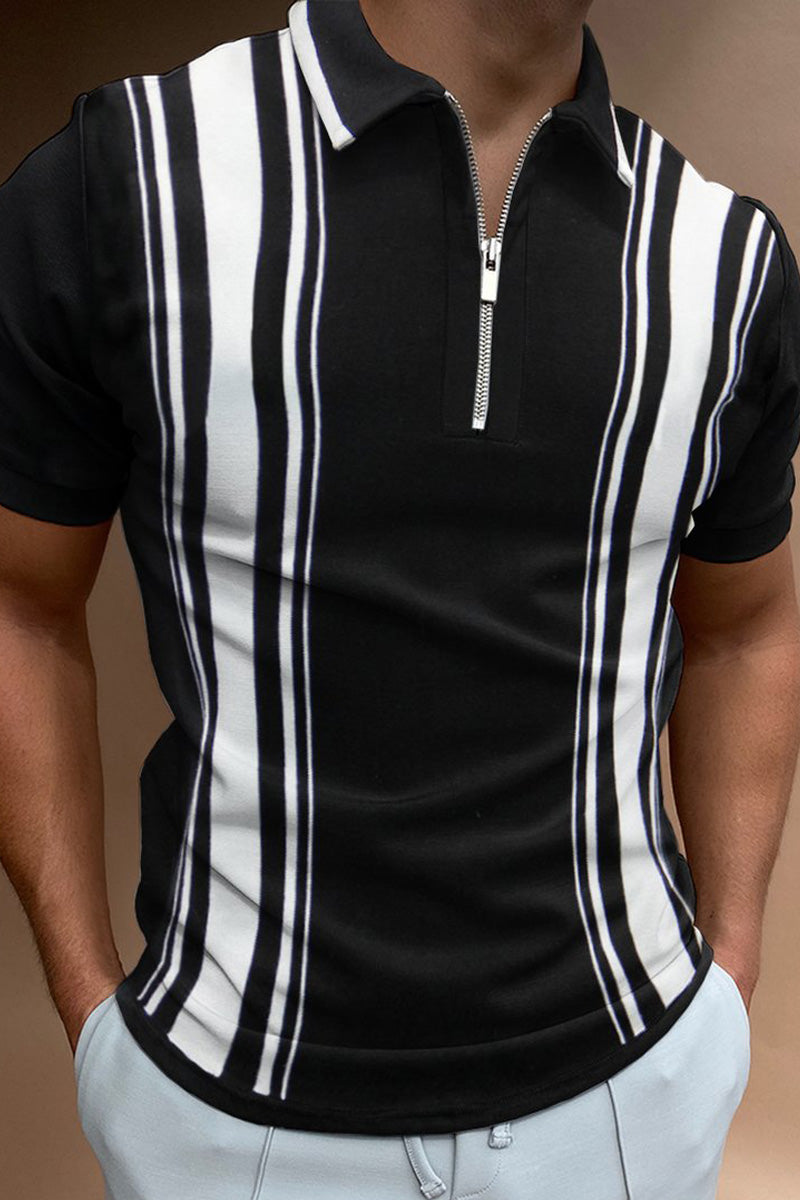 New Mens Holiday Black Solid Color Zipper Casual Polo Shirt