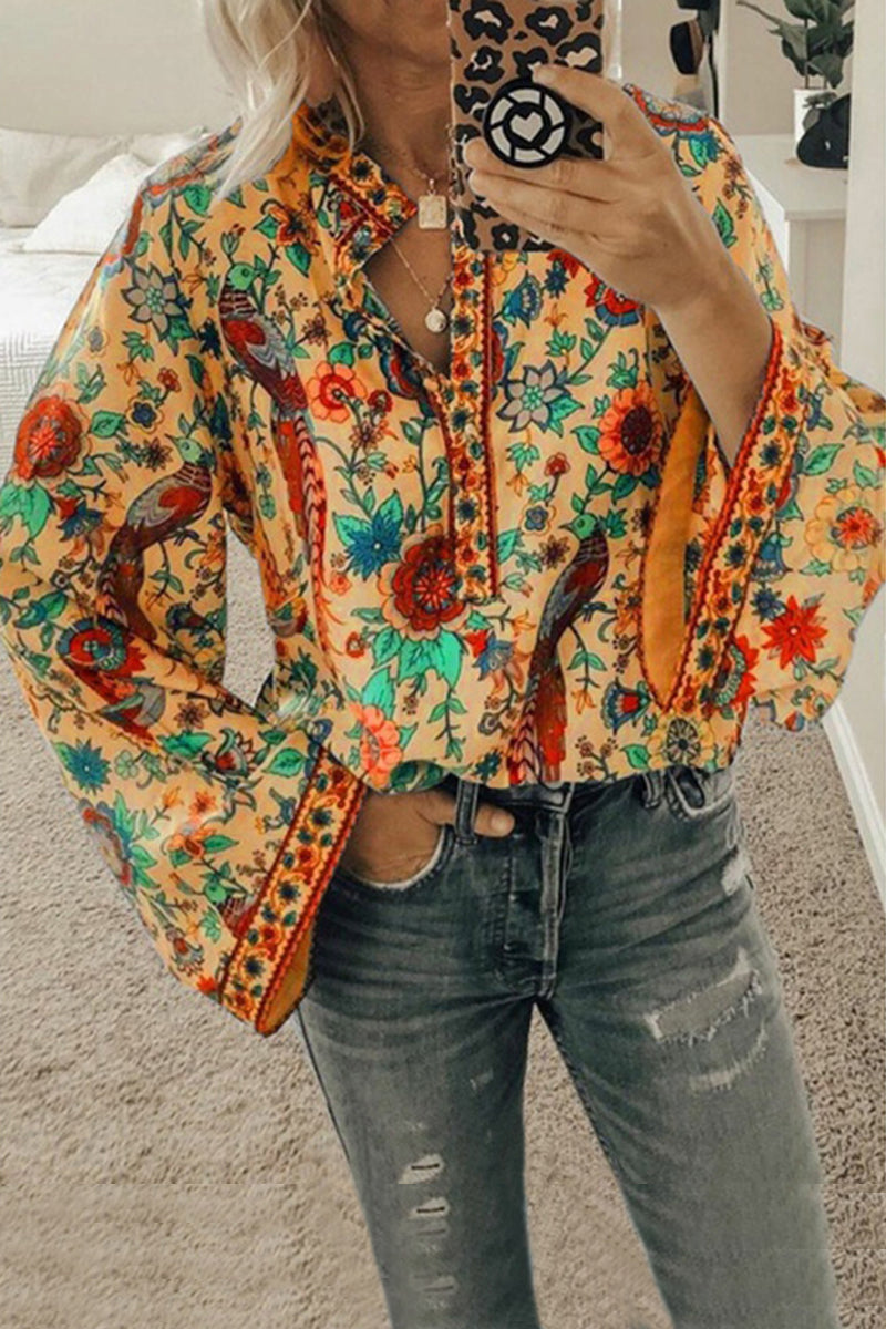 Vintage Print Loose Button Long Sleeve Shirt