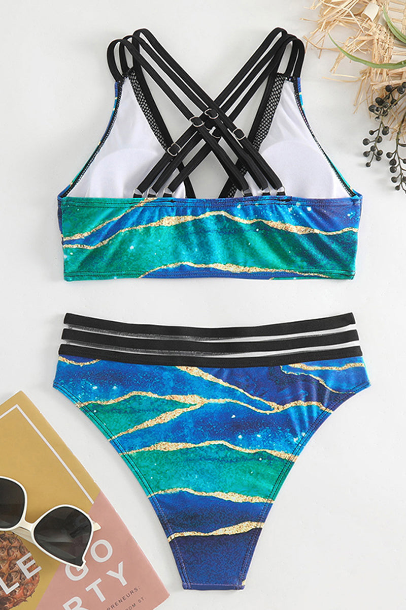 Wave Print Mesh Stitching Two Piece Swimwear