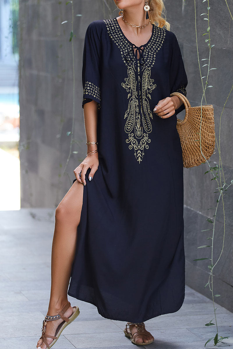 Beach Vacation Embroidered Round Neck Slit Cover Up Dress