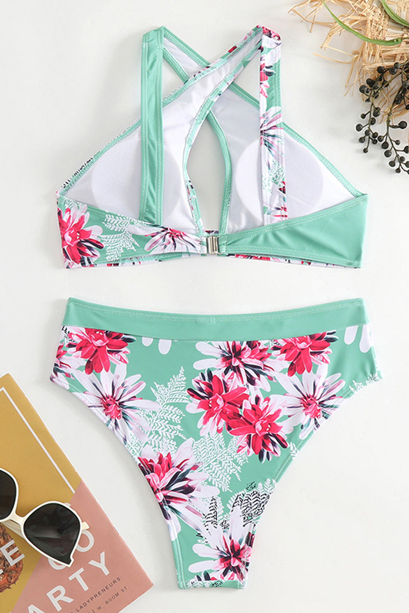 Floral Print Hollow Out Halter Two Piece Swimwear