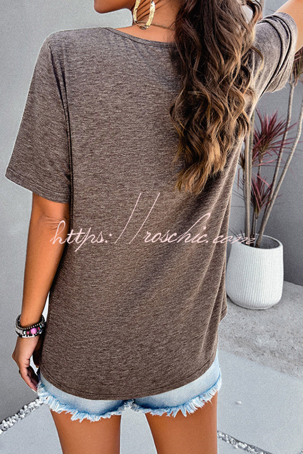 Plain Short Sleeved Zippered Slit Button T-Shirt