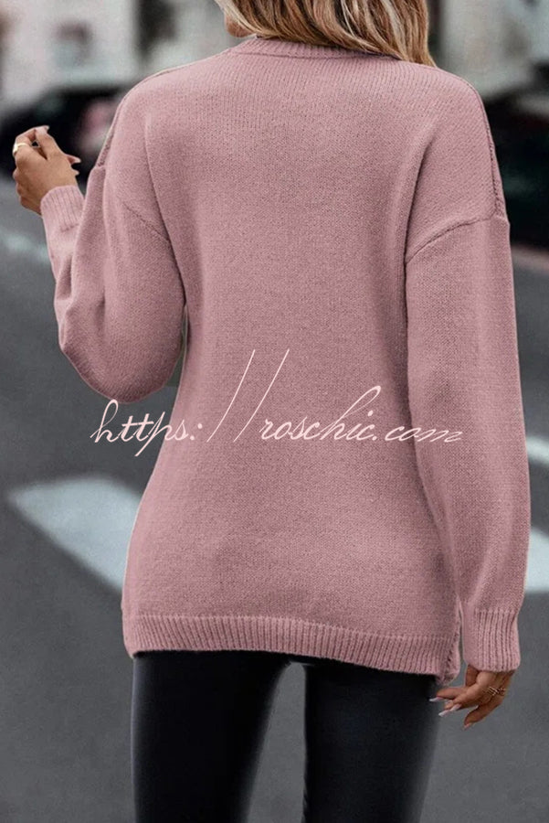 Solid Color V Neck Cross Jacquard Long Sleeved Sweater