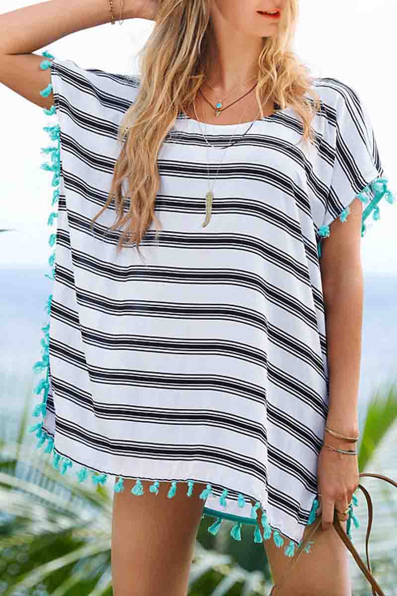 Stripe Fringed Blouse Solid Beach Dress