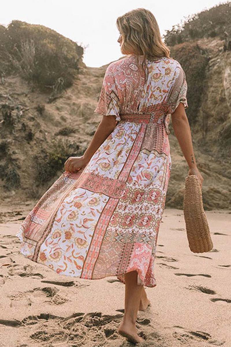 Bohemian Floral Print Deep V Short Sleeve High Split Midi Cover Up