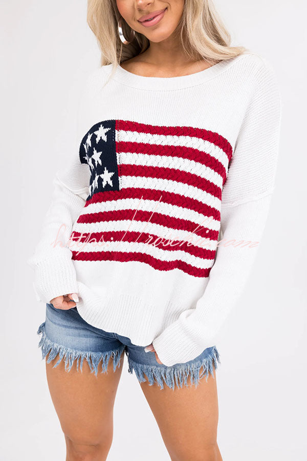 Independence Day Patchwork Long Sleeved Crew Neck Knitted Sweater