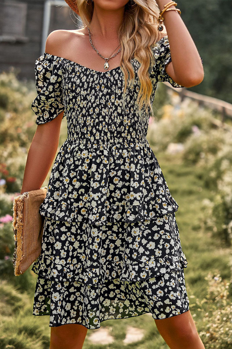 Smocked Off Shoulder Bubble Sleeve Floral Print Dress