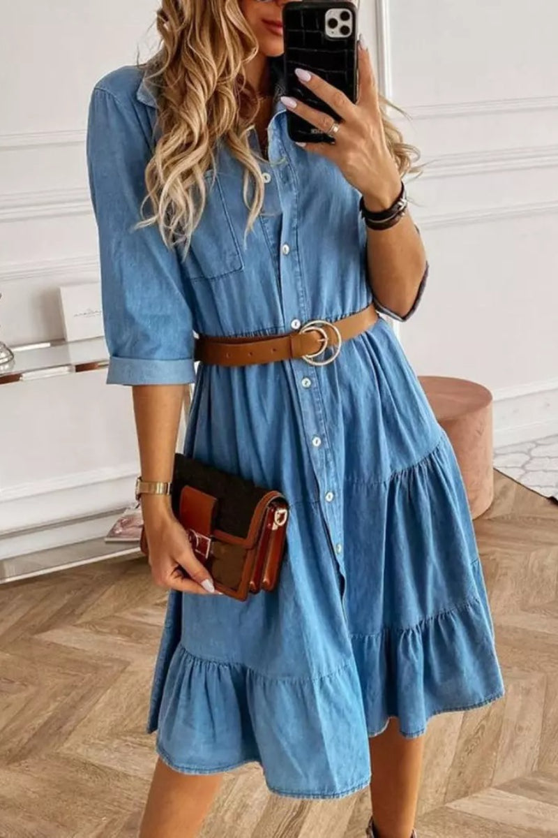 Ruffled Denim Button Midi Dress