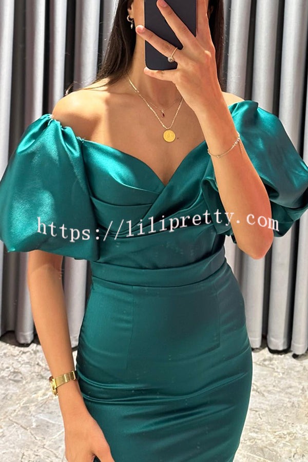 Talk Sweetly Satin Puff Sleeve Ruched Bust Formal Midi Dress - Fashionpara