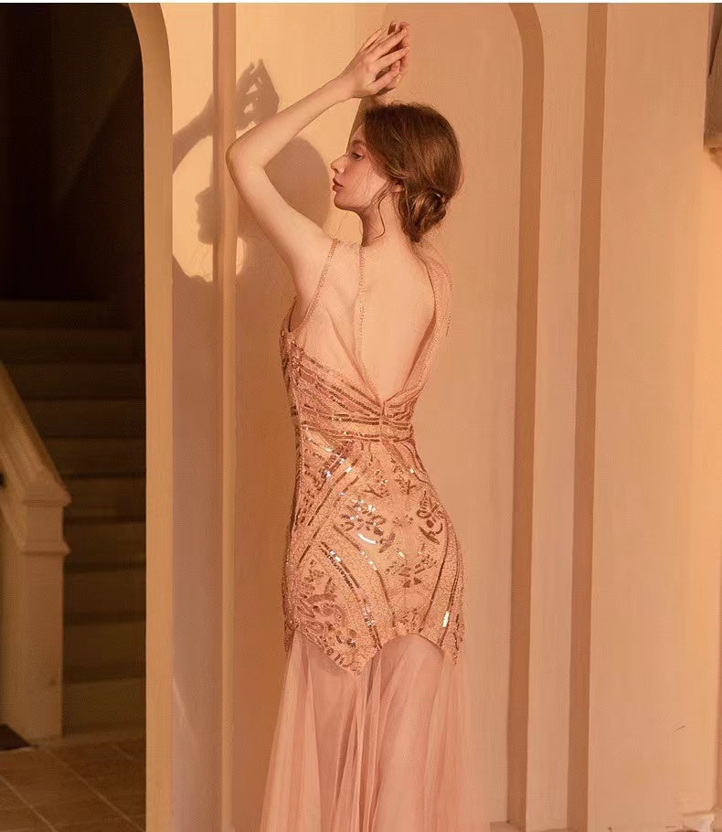 1920s Gatsby Sequin Tulle Sleeveless Bodycon Maxi Evening Dress - Champagne - Fashionpara