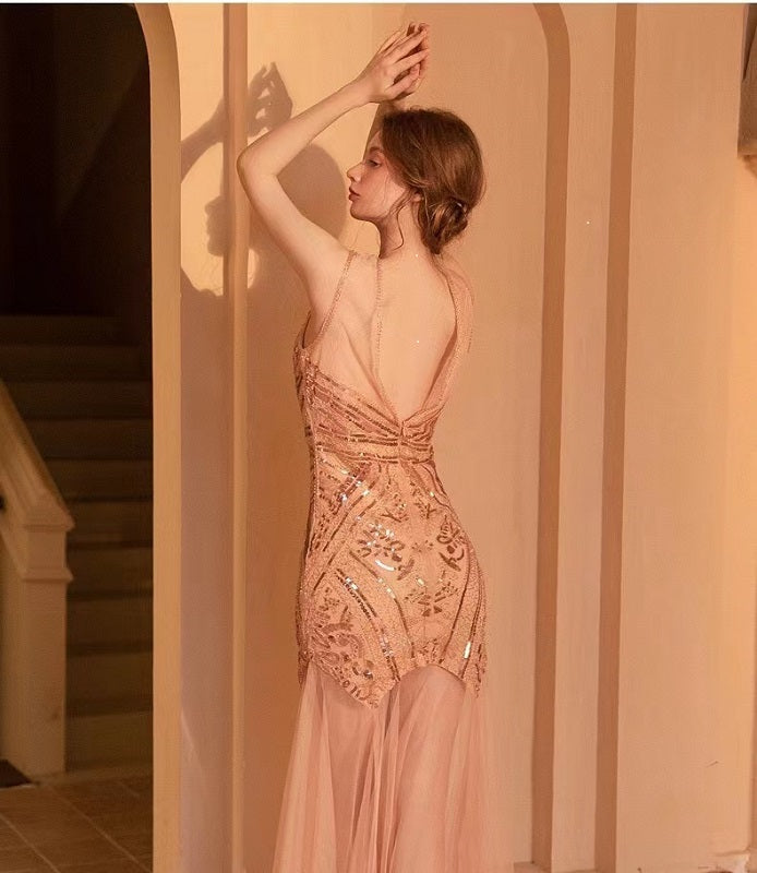 1920s Gatsby Sequin Tulle Sleeveless Bodycon Maxi Evening Dress - Champagne - Fashionpara