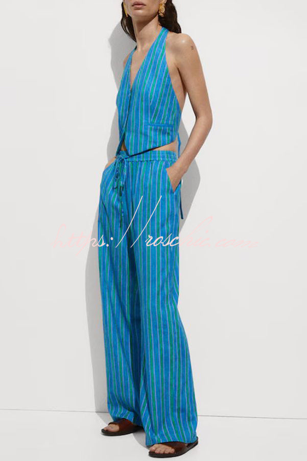 Regine Linen Blend Striped Button Halter Backless Vest and Elastic Waist Pocket Pants Set - Fashionpara