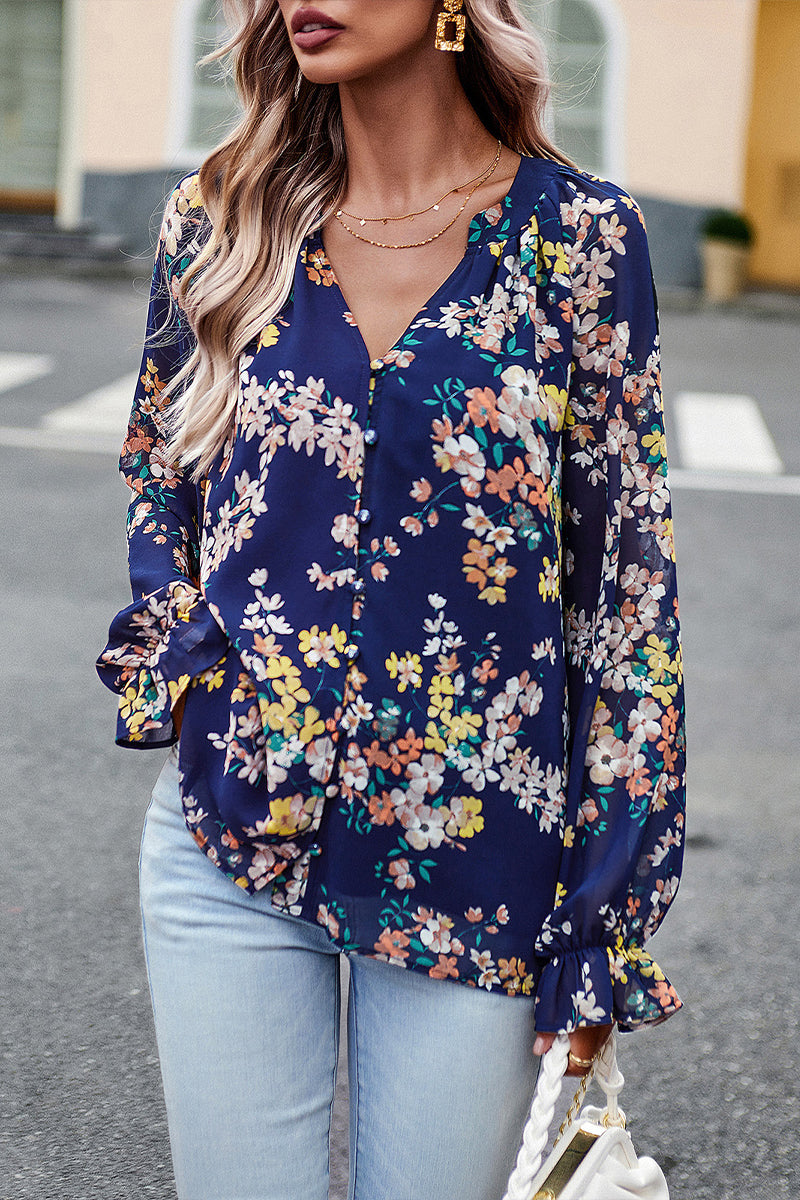 V-neck Floral Chiffon Shirt