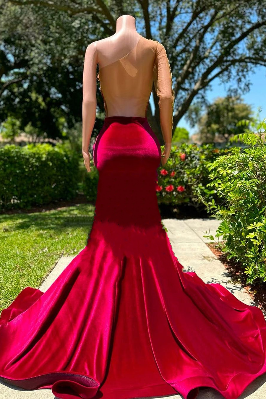 Gorgeous Long sleeves One shoulder Gold Appliques Burgundy Prom Party Dresses - Fashionpara