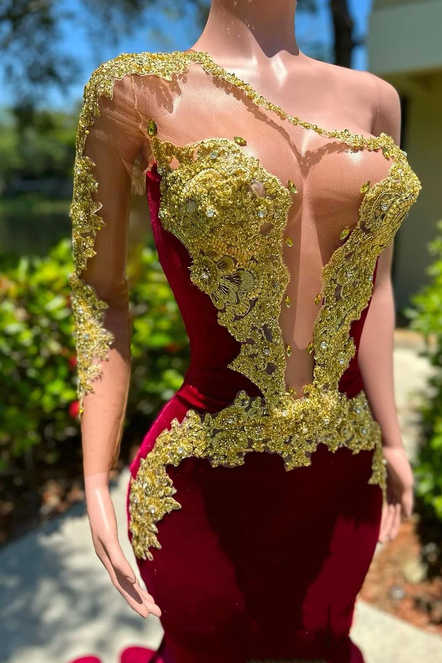 Gorgeous Long sleeves One shoulder Gold Appliques Burgundy Prom Party Dresses - Fashionpara