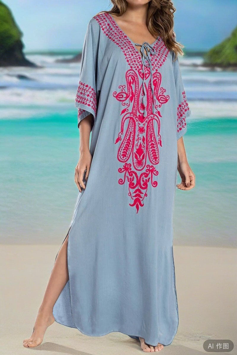 Beach Vacation Embroidered Round Neck Slit Cover Up Dress