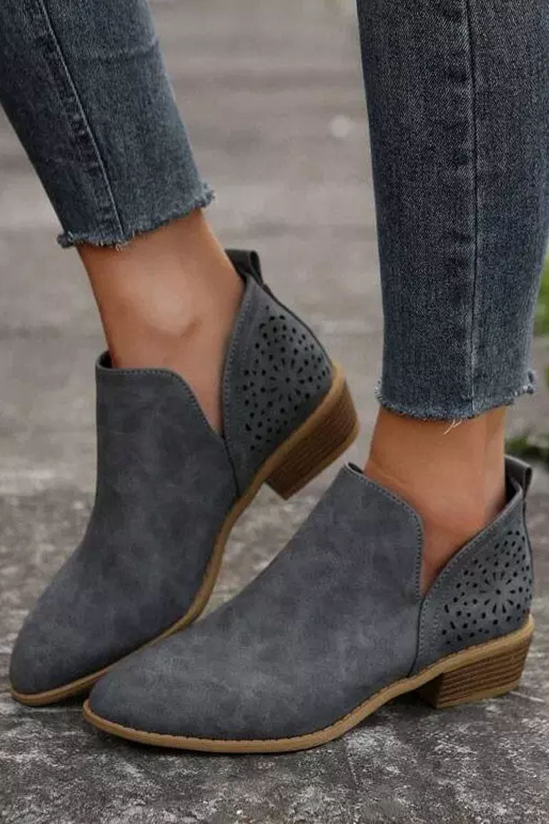 Perforated Western Chunky Ankle Boots