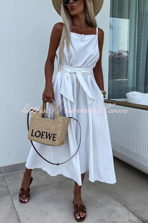 Long Story Solid Color Belted Pocket A-line Breathable Maxi Dress - Fashionpara