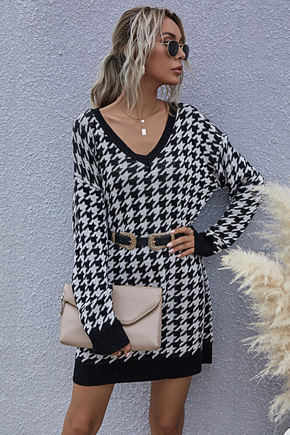 Houndstooth Pullover Slim V-neck Knitted Sweater