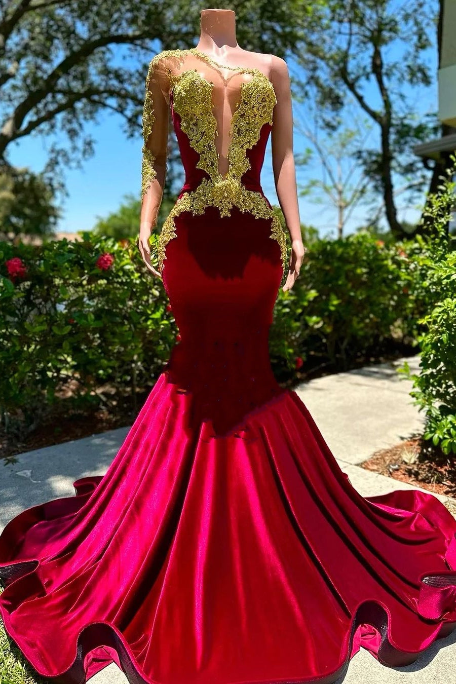 Gorgeous Long sleeves One shoulder Gold Appliques Burgundy Prom Party Dresses - Fashionpara