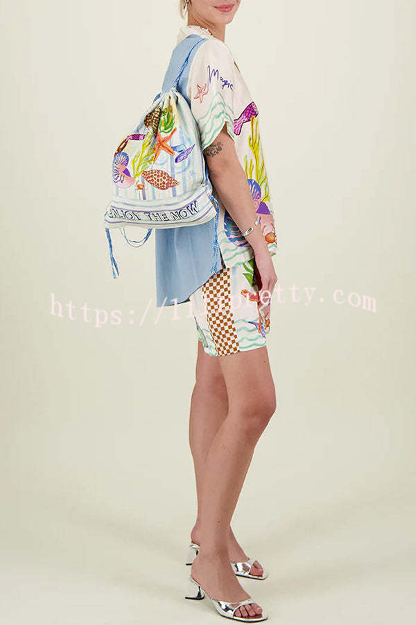 Coastal Seashell Satin Unique Print Pocket Loose Shirt and Elastic Waist Shorts Set - Fashionpara