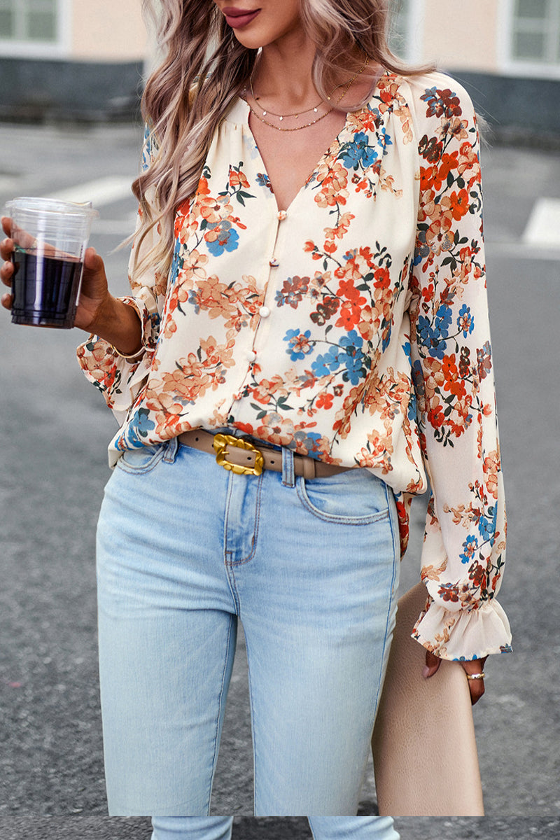 V-neck Floral Chiffon Shirt