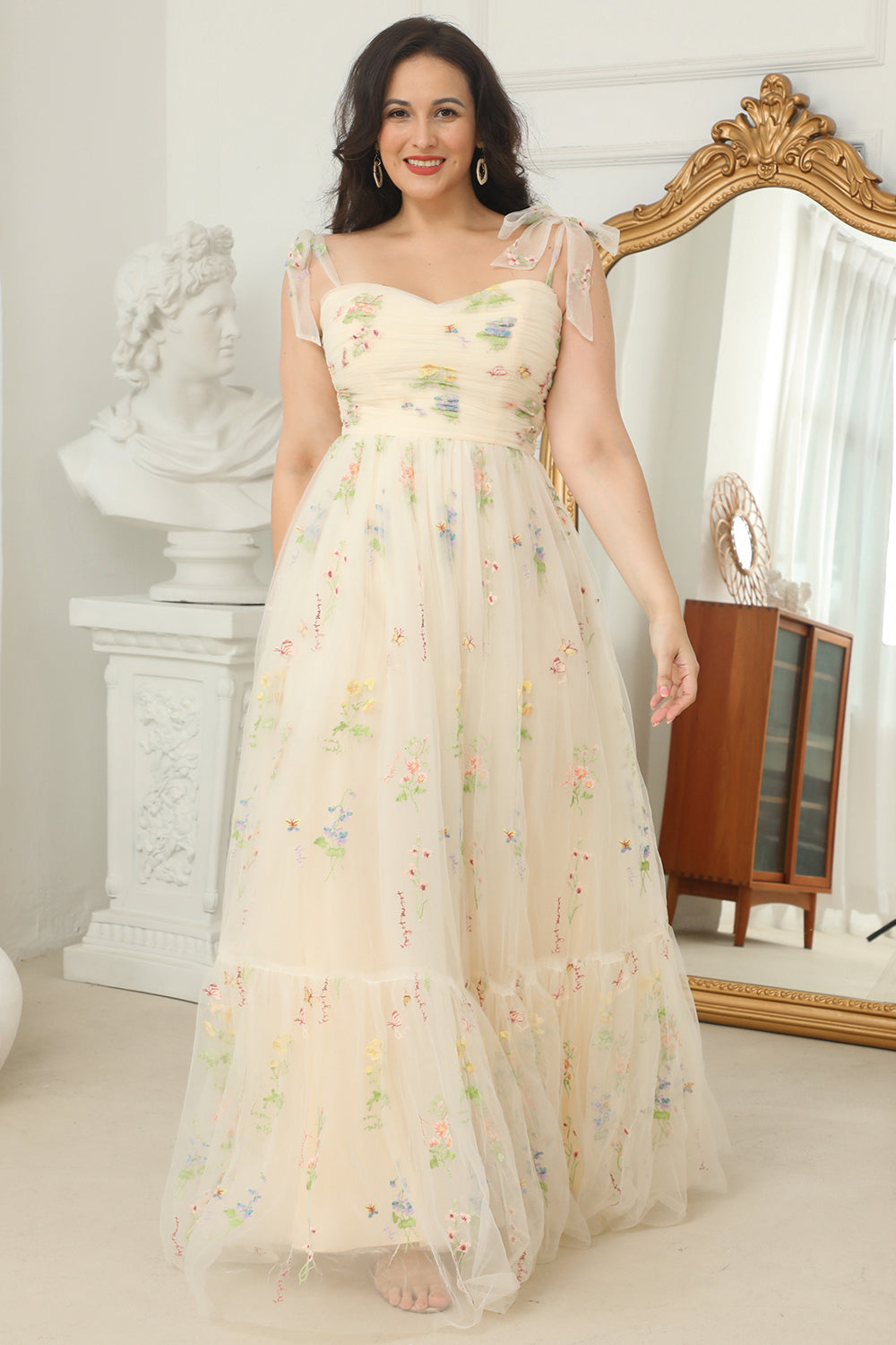 Plus Size Champagne Long Prom Dress With Embroidery