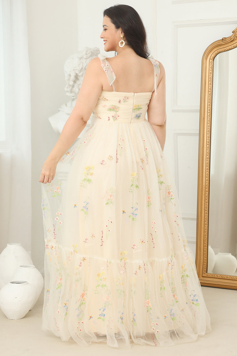 Plus Size Champagne Long Prom Dress With Embroidery