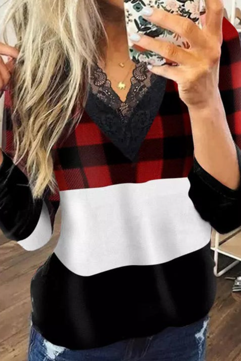 Plaid Color Block Lace Splicing Blouse