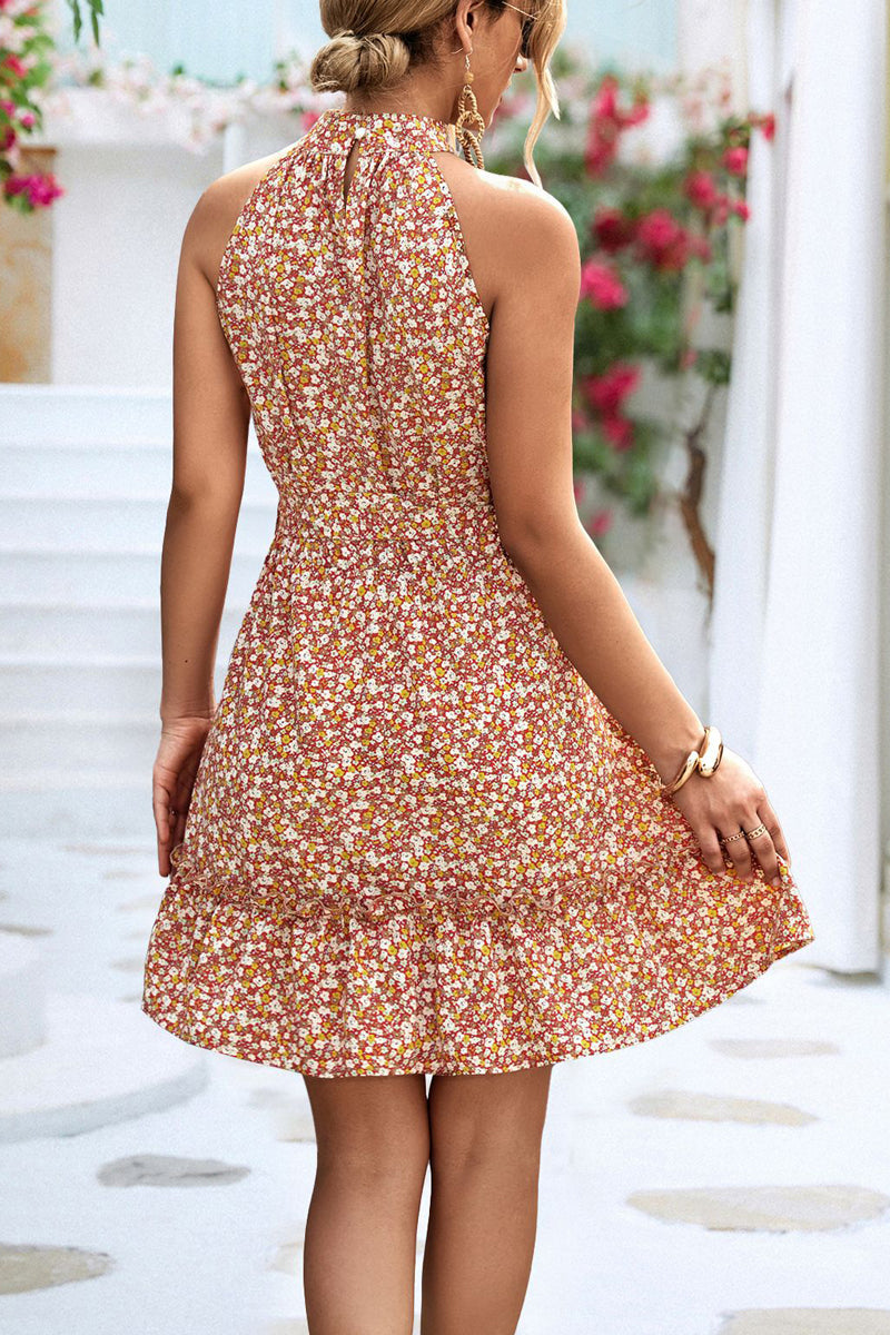 Floral High Neck lace-up Mini Dress