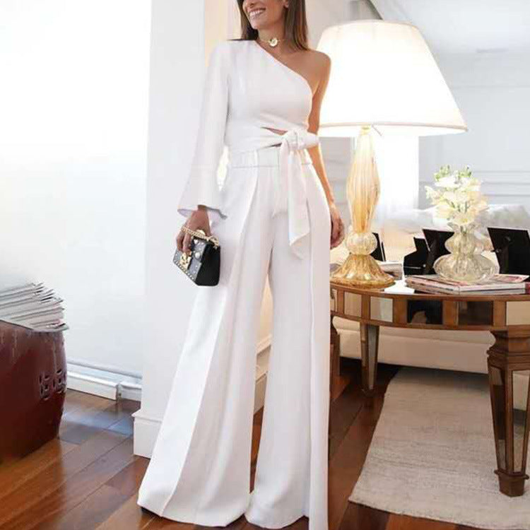 Lapel Flare Long Sleeve Belted Jumpsuit - Fashionpara