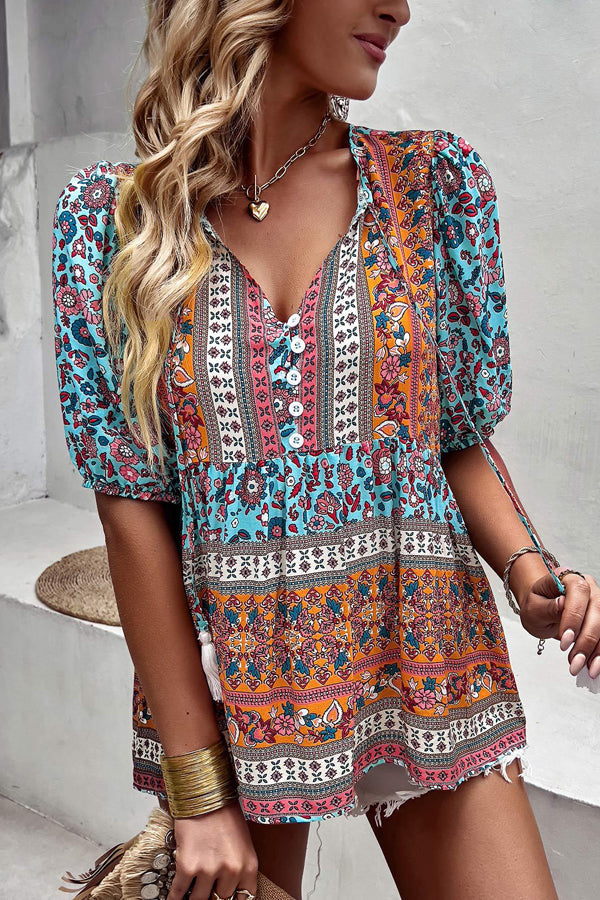 Bohemian Floral Short Sleeve Casual Tops