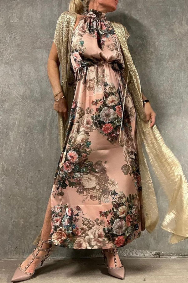 Elegant Vintage Rose Print Halter Neck Maxi Dress